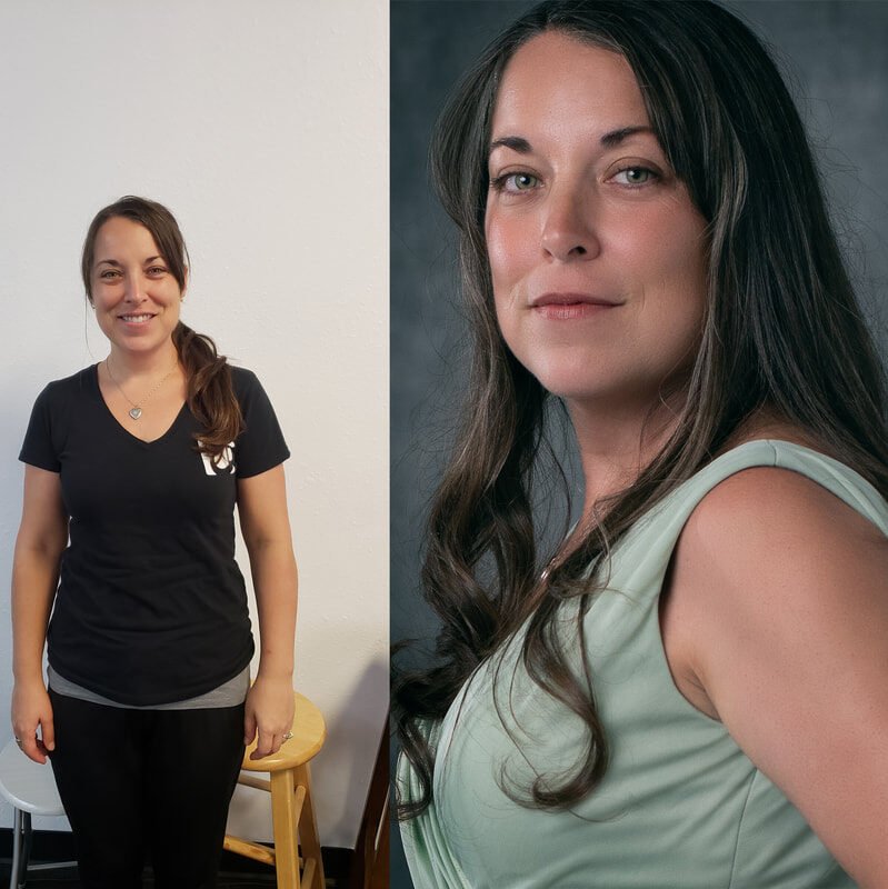 two photos showing a women before and after her hair and makeup makeover