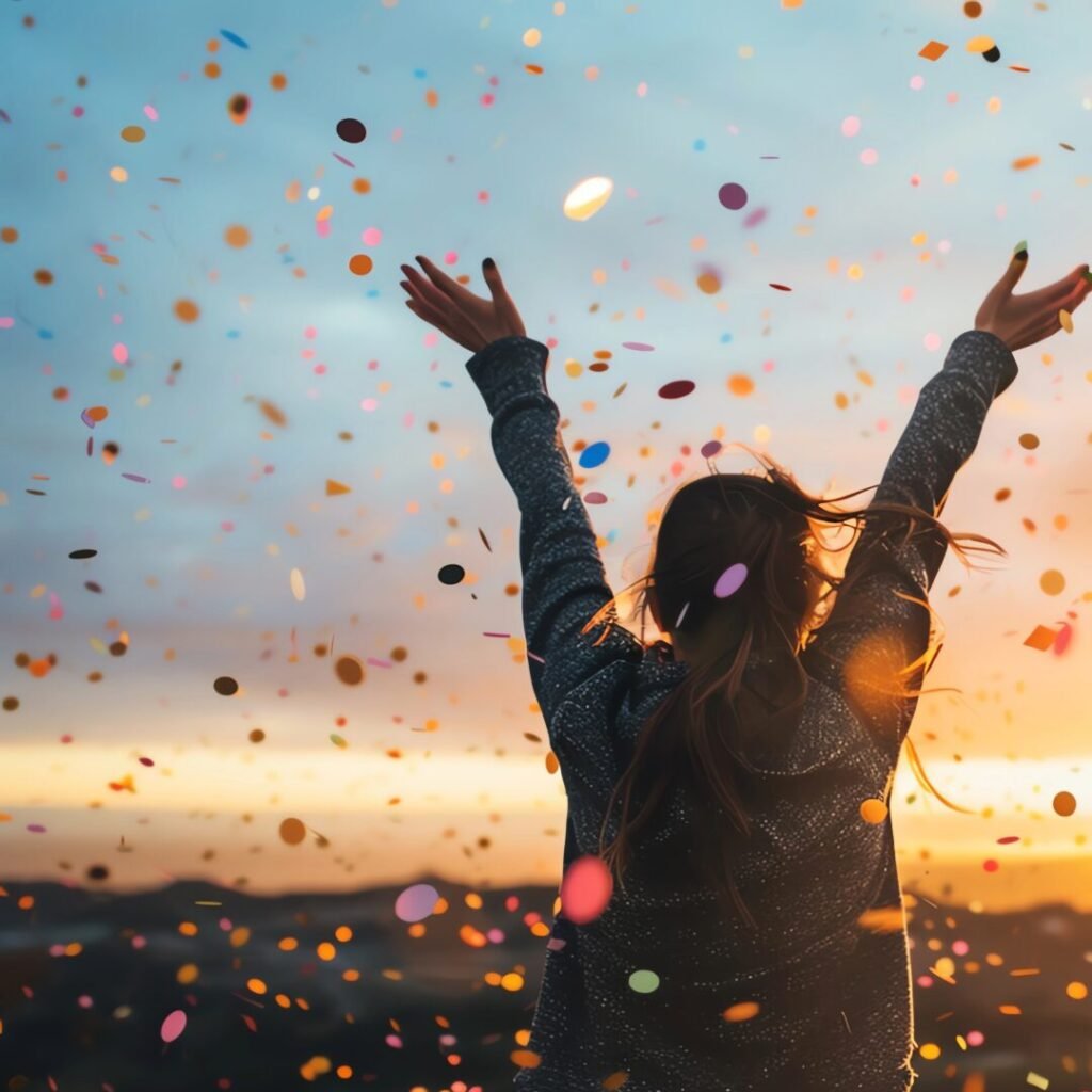 a woman celebrating herself at sunrise with confetti in the air